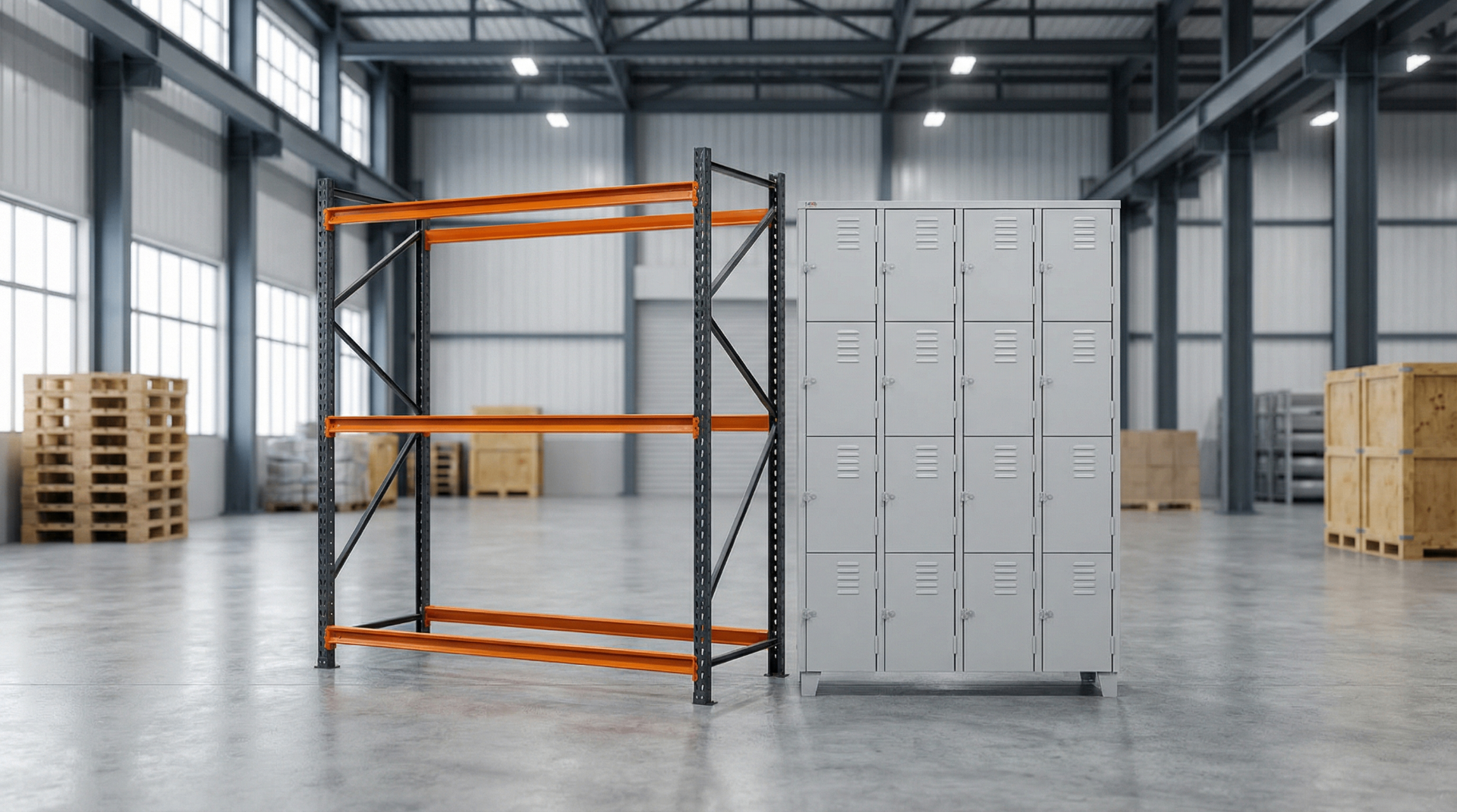 Mini porta paletes FATTO e armário de aço em galpão industrial